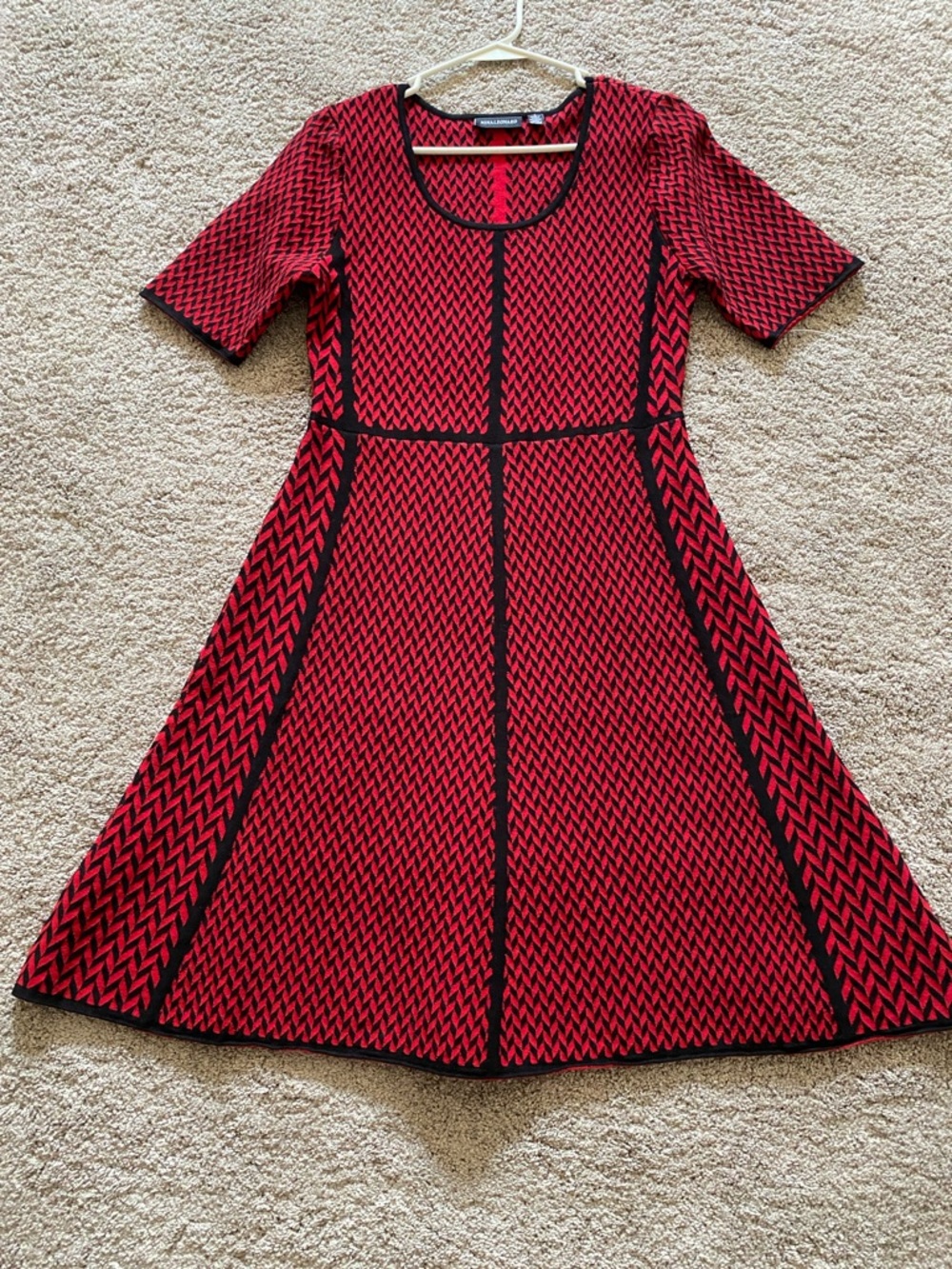 Nina Leonard Red and Black Textured Fit-and-Flare Dress